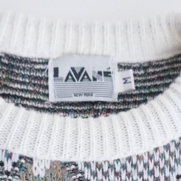 '80s Lavane White Teal 3D Argyle Biggie Cosby Eclectic Knit Crew Neck Sweater M - Picture 4 of 9